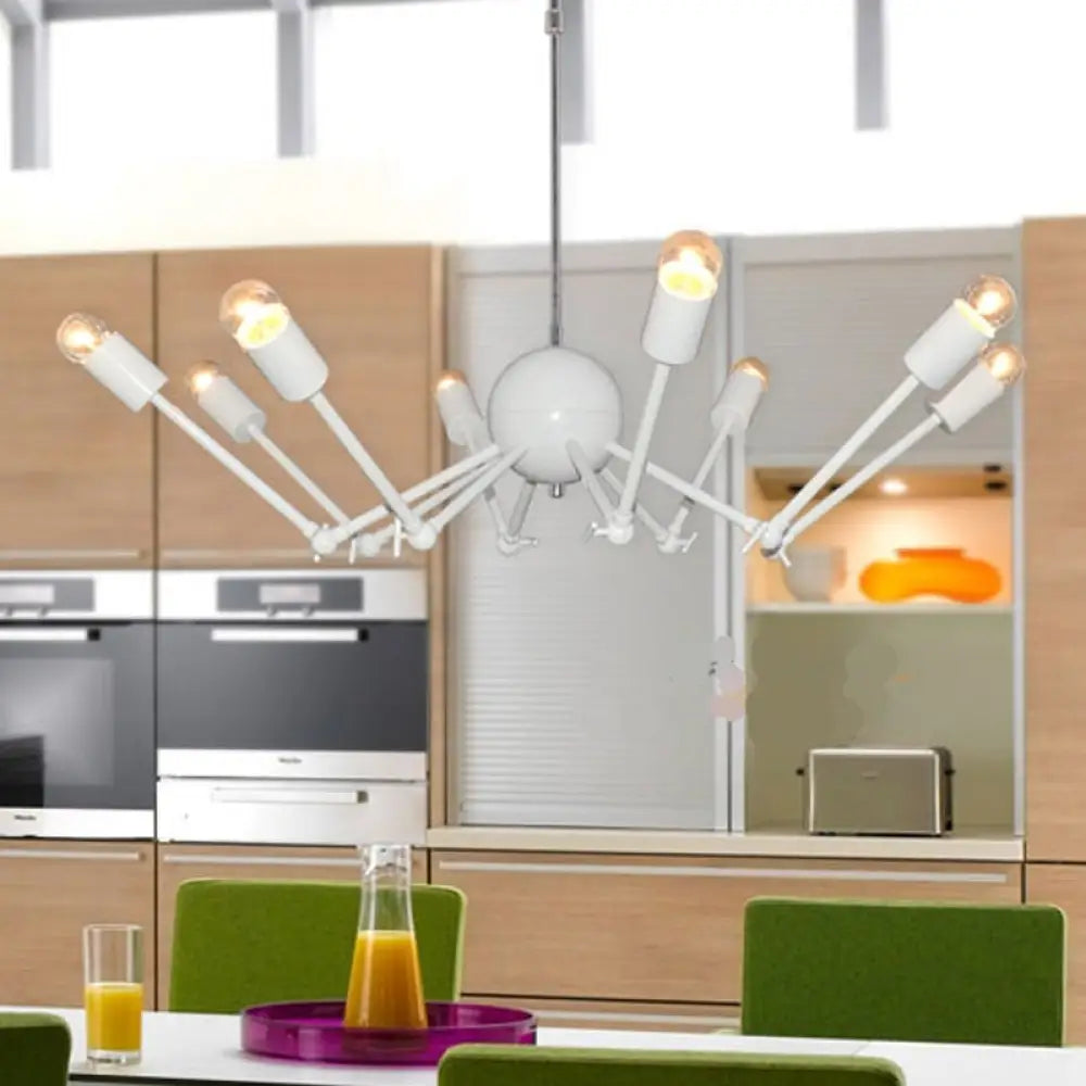 Modern White Spider Chandelier: Extendable 8-Bulb Iron Pendant Light With Open Bulb Design