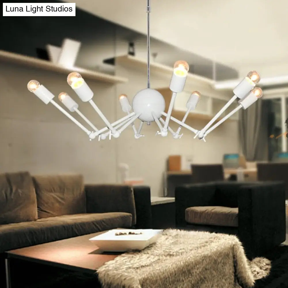 Modernist White Spider Chandelier - 8-Bulb Iron Pendant Light With Extendable Design