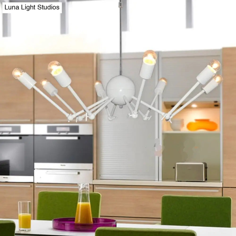 Modernist White Spider Chandelier - 8-Bulb Iron Pendant Light With Extendable Design