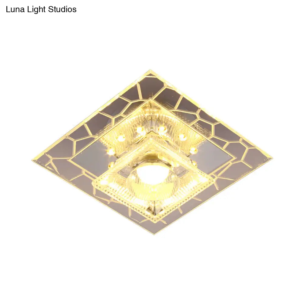 Modern White Square Flushmount Led Ceiling Light With Clear Prism Crystal For Corridors