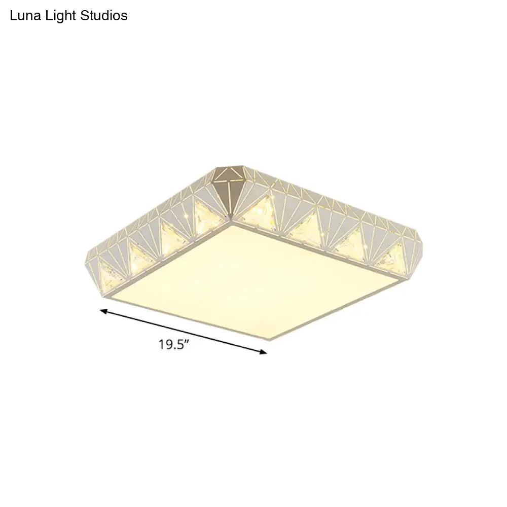 Modern White Square Led Ceiling Light - Minimalist Beveled Crystal Flushmount For Bedroom