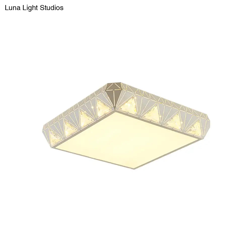Modern White Square Led Ceiling Light - Minimalist Beveled Crystal Flushmount For Bedroom