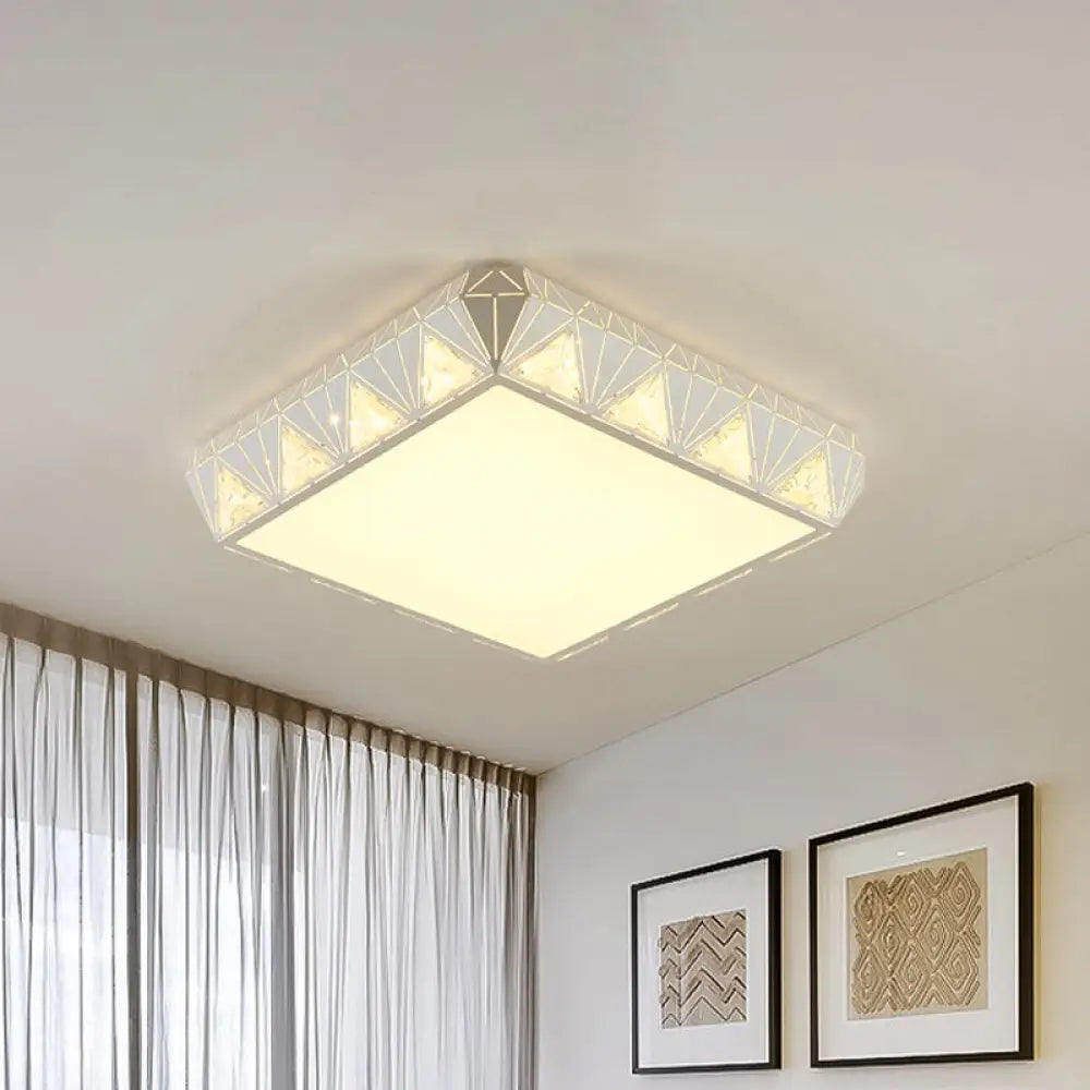 Modern White Square Led Ceiling Light - Minimalist Beveled Crystal Flushmount For Bedroom