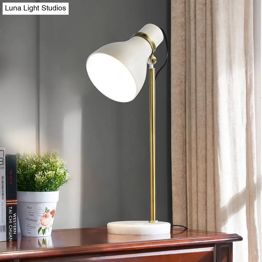 Modern White Table Lamp With Metal Trumpet Shade - Ideal Bedside Task Lighting