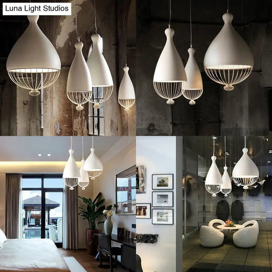 Modern White Teardrop Pendant Lamp With Wire Guard - Aluminum 1-Light Ceiling Light For Restaurants