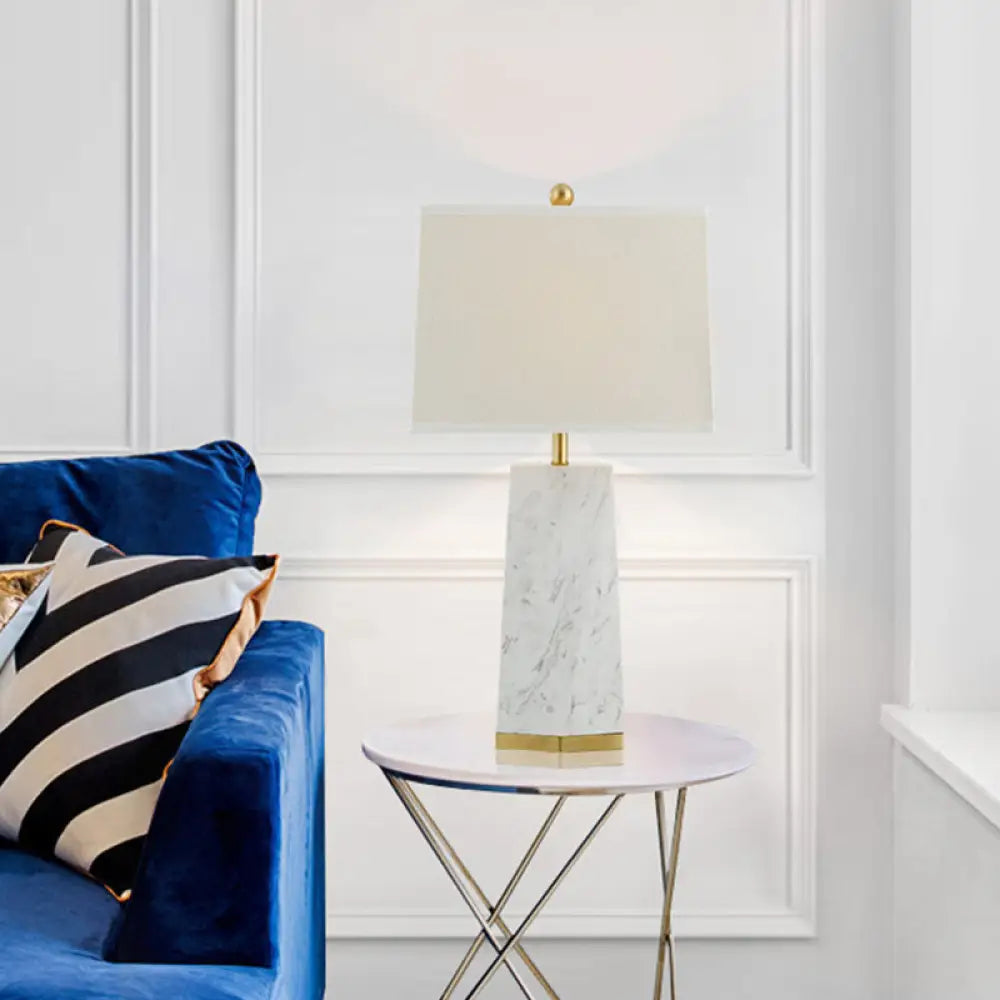 Modern White Trapezoid Table Lamp With Fabric Shade & Marble Base