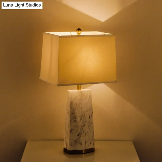 Modern White Trapezoid Table Lamp With Fabric Shade & Marble Base