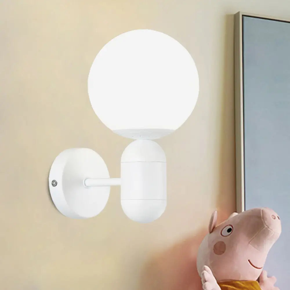 Modern White Wall Lamp With Globe Shade Capsule Body - Metal & Glass Light For Meeting Room