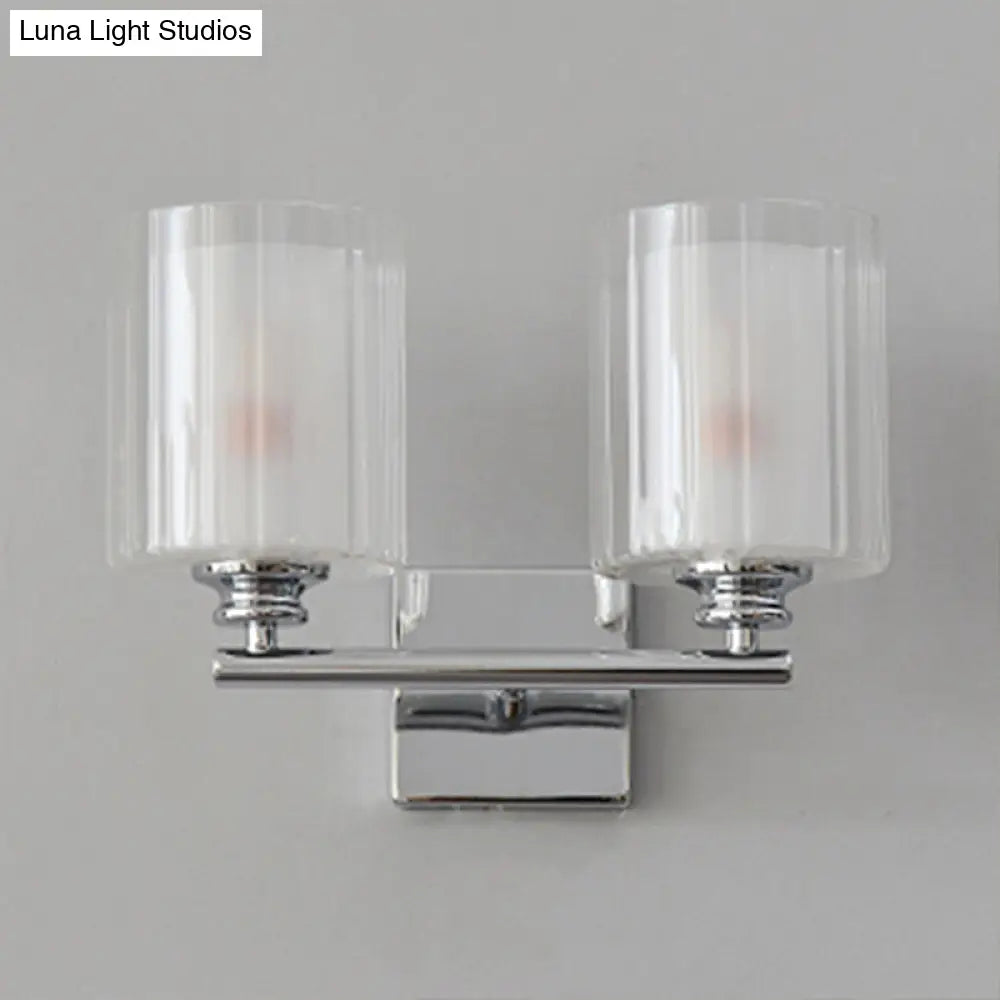 Modern White Wall Sconce Lighting Fixture With Clear Glass Cylinder Shade - 2 Bulbs