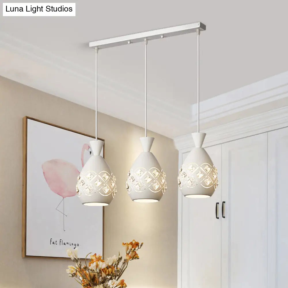 Modern 3-Bulb Wine Can Suspension Light - White Finish Iron Multi-Ceiling Lamp With Crystal Accent