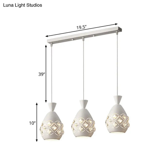 Modern 3-Bulb Wine Can Suspension Light - White Finish Iron Multi-Ceiling Lamp With Crystal Accent