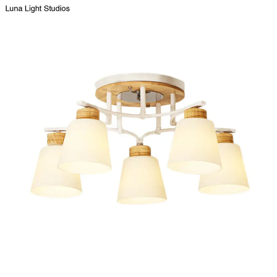 Modern White-Wood Barrel Flush Mount Light With Cream Glass - 3/5 Heads