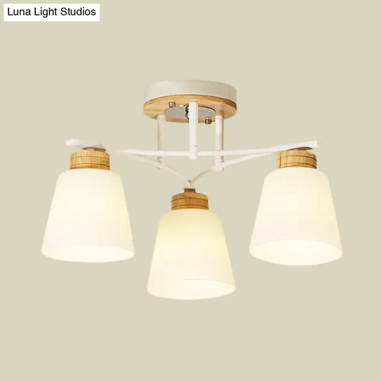 Modern White-Wood Barrel Flush Mount Light With Cream Glass - 3/5 Heads