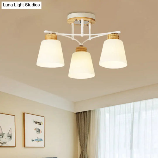 Modern White-Wood Barrel Flush Mount Light With Cream Glass - 3/5 Heads