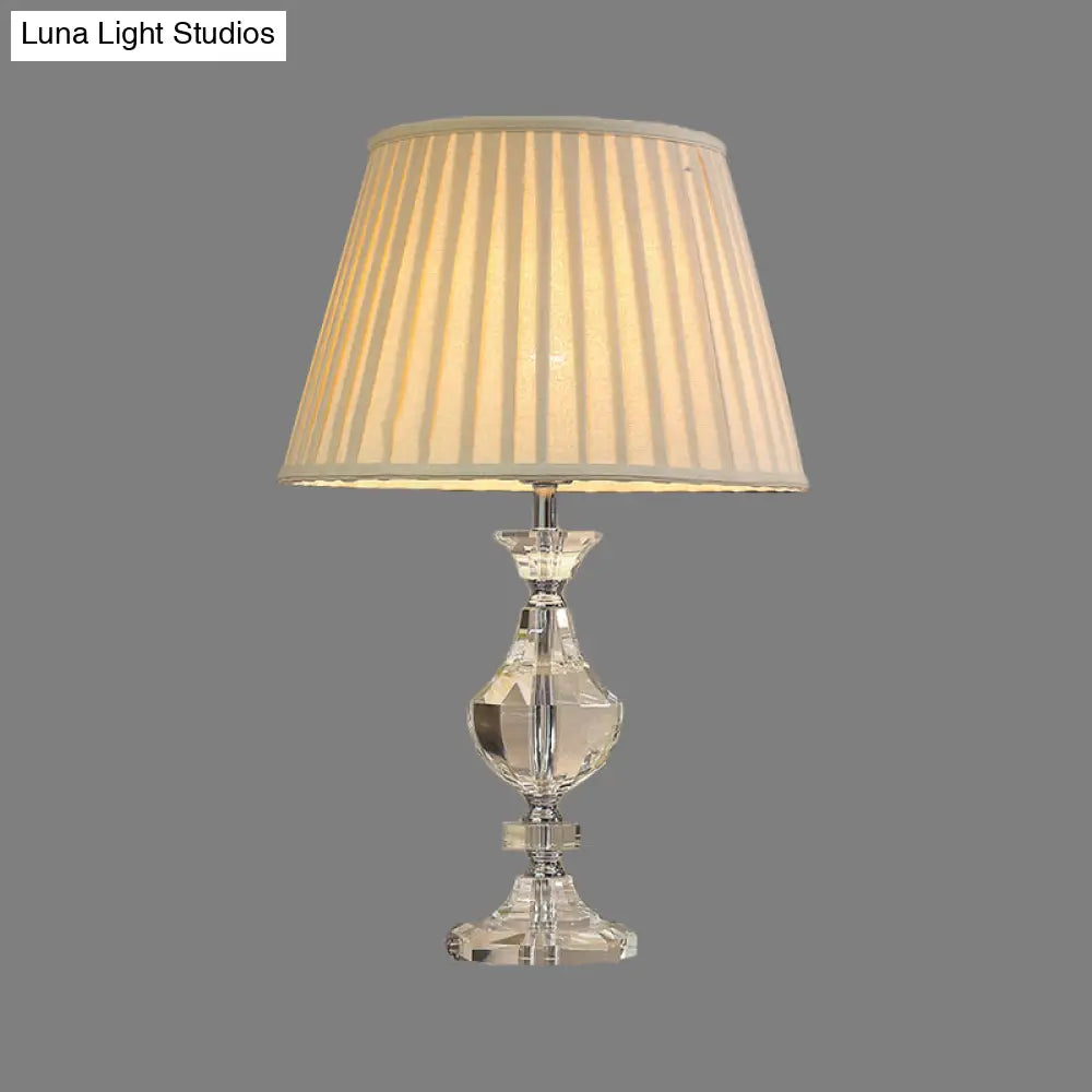 Modern Wide Flare Task Lamp: Beige Fabric 1-Head Urn Crystal Detail - Ideal For Living Room Reading