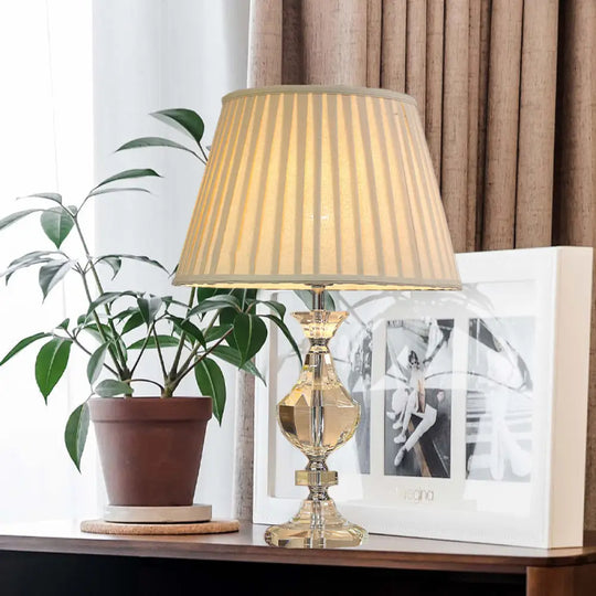 Modern Wide Flare Task Lamp: Beige Fabric 1-Head Urn Crystal Detail - Ideal For Living Room Reading