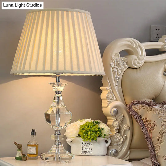 Modern Wide Flare Task Lamp: Beige Fabric 1-Head Urn Crystal Detail - Ideal For Living Room Reading