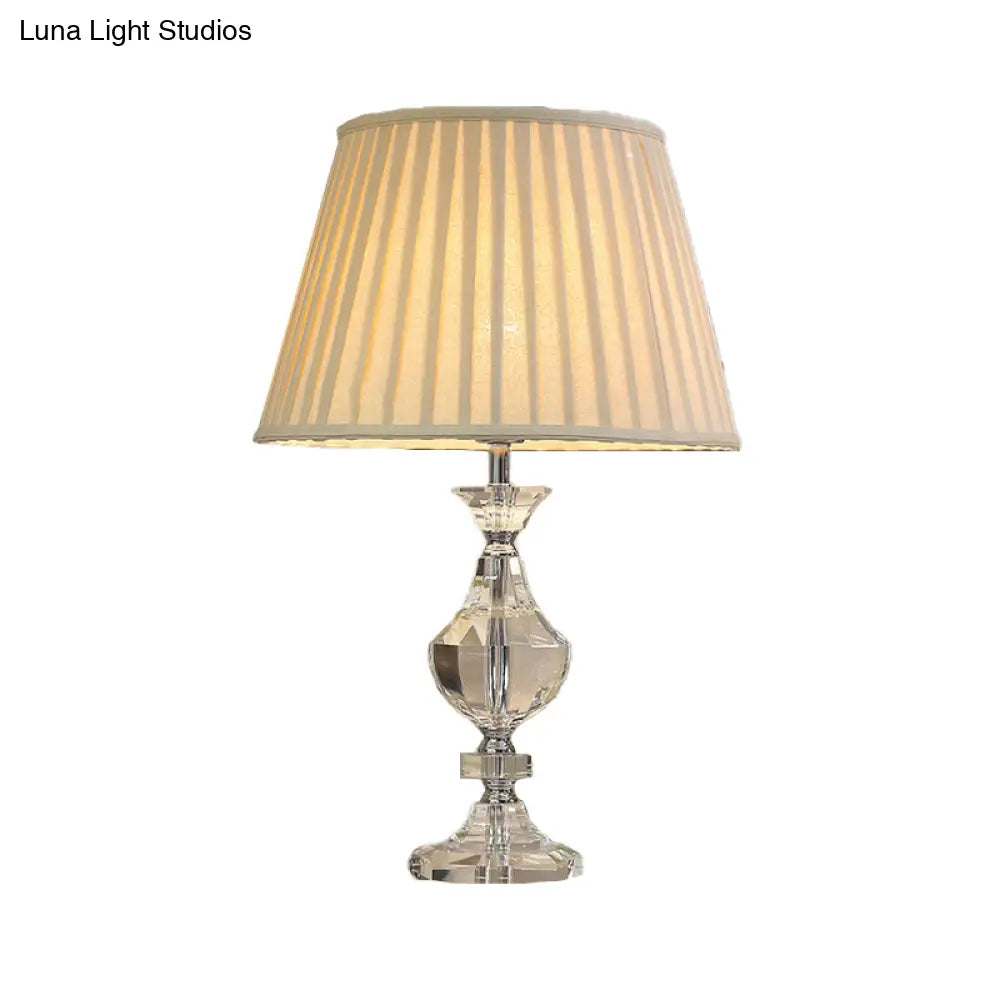 Modern Wide Flare Task Lamp: Beige Fabric 1-Head Urn Crystal Detail - Ideal For Living Room Reading