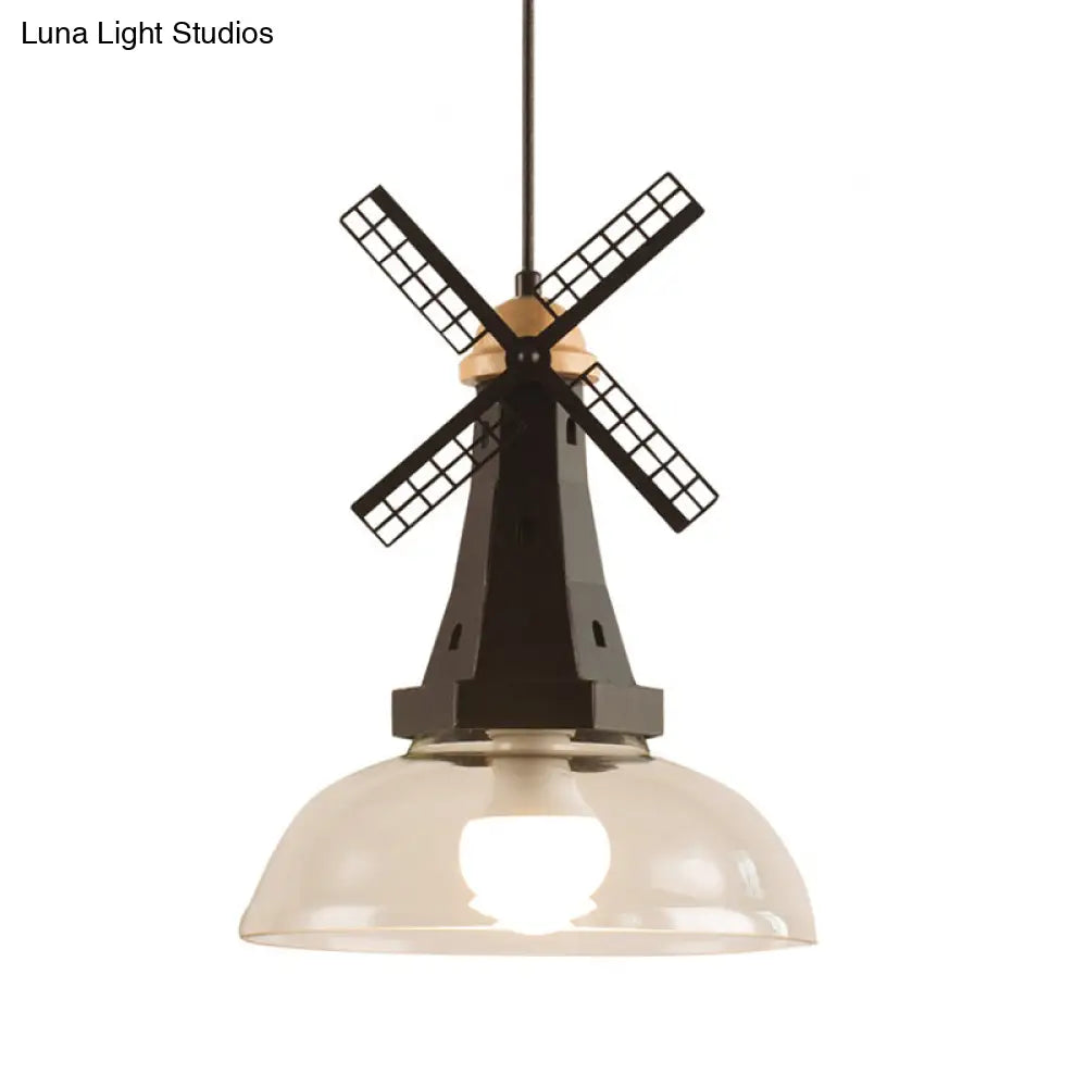 Modern Windmill Ceiling Light With Clear Glass Shade In White/Black Finish