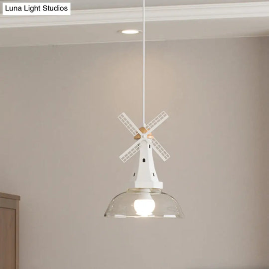 Designer Iron Hanging Lamp With Clear Glass Shade - Windmill Ceiling Lighting 1 Head White/Black