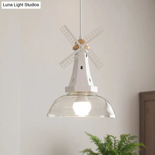 Designer Iron Hanging Lamp With Clear Glass Shade - Windmill Ceiling Lighting 1 Head White/Black