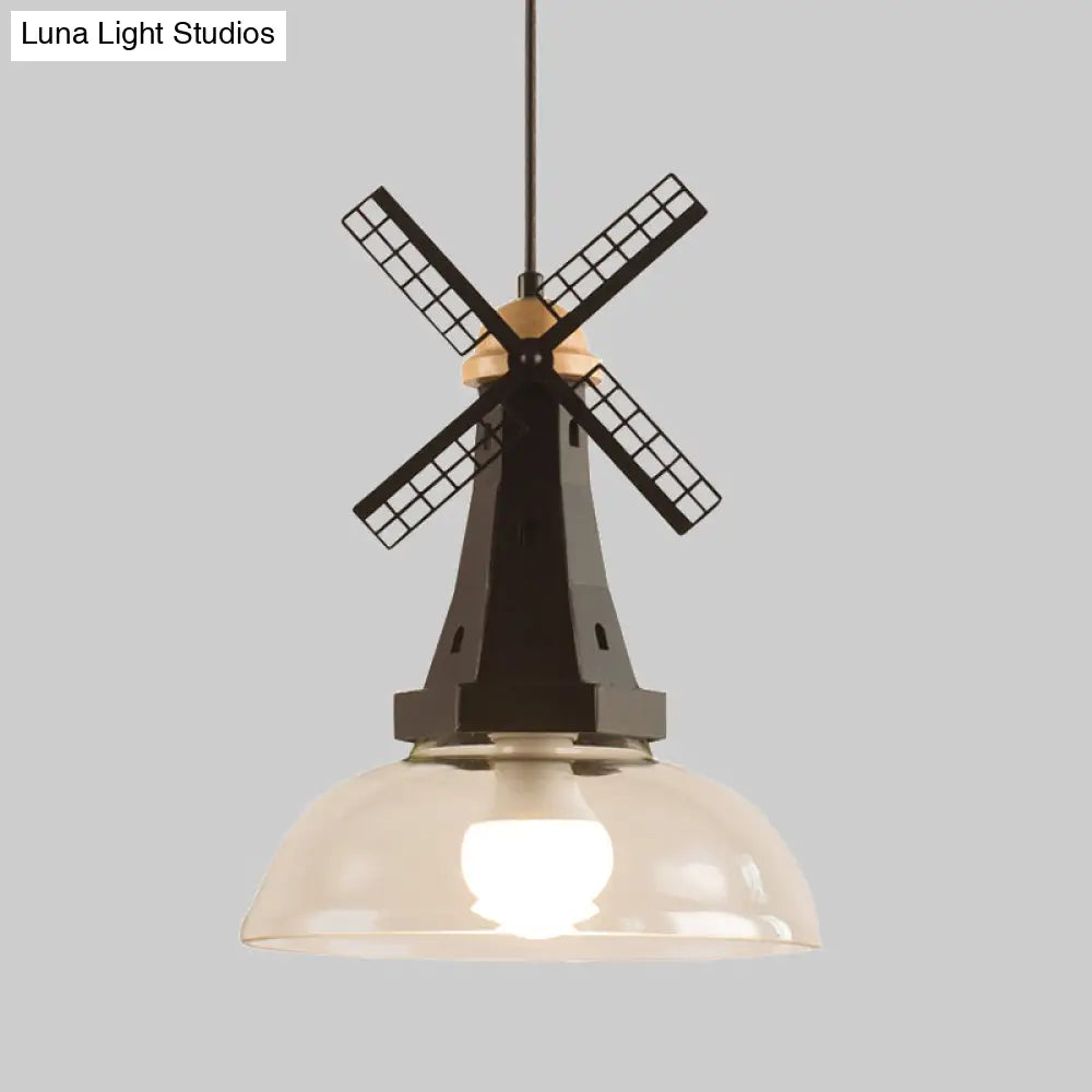 Modern Windmill Ceiling Light With Clear Glass Shade In White/Black Finish