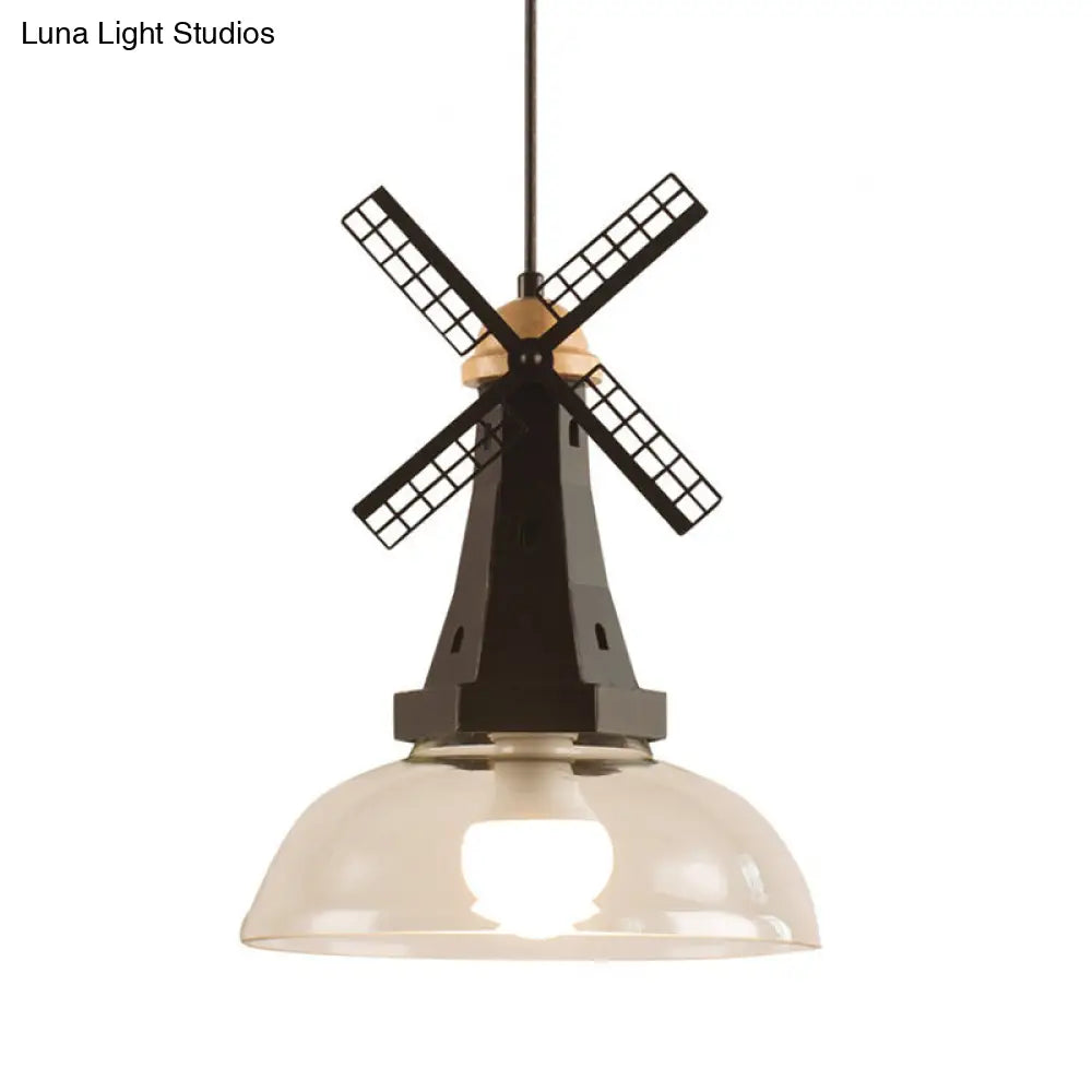 Designer Iron Hanging Lamp With Clear Glass Shade - Windmill Ceiling Lighting 1 Head White/Black