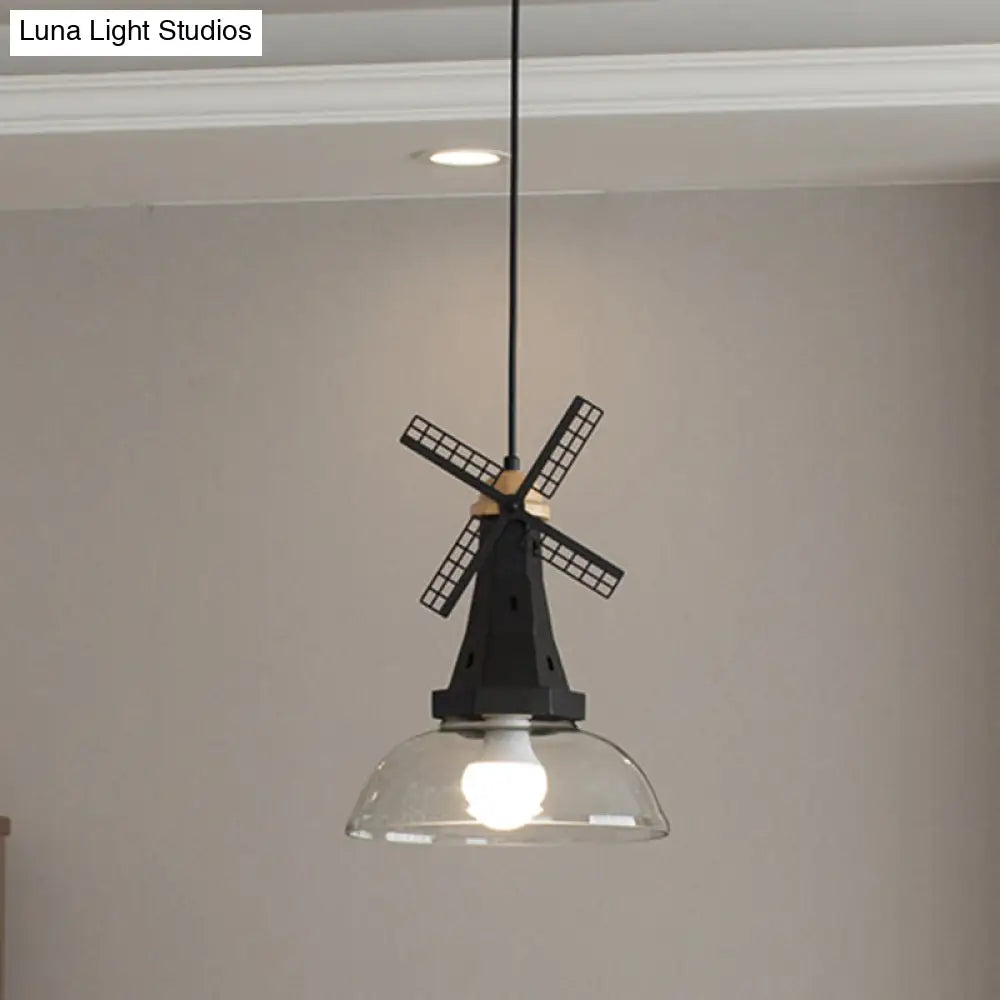 Modern Windmill Ceiling Light With Clear Glass Shade In White/Black Finish