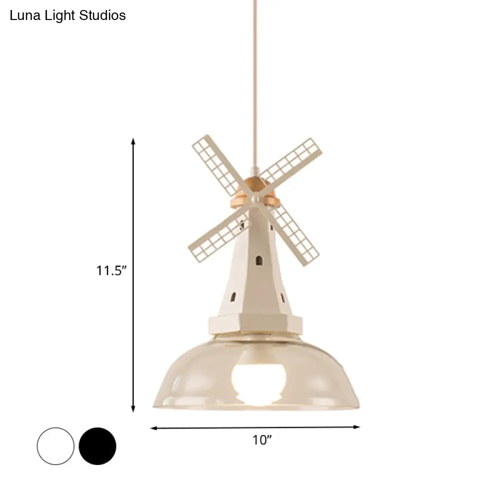 Modern Windmill Ceiling Light With Clear Glass Shade In White/Black Finish