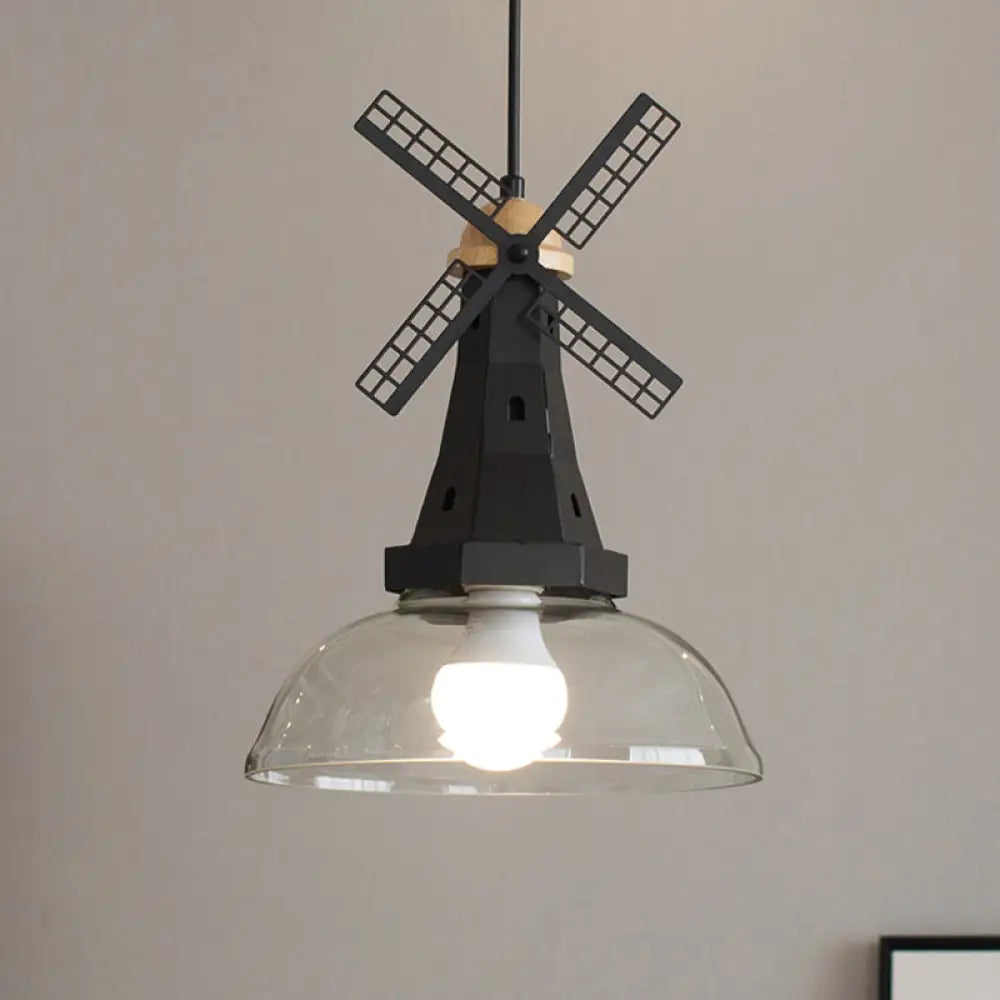 Modern Windmill Ceiling Light With Clear Glass Shade In White/Black Finish Black