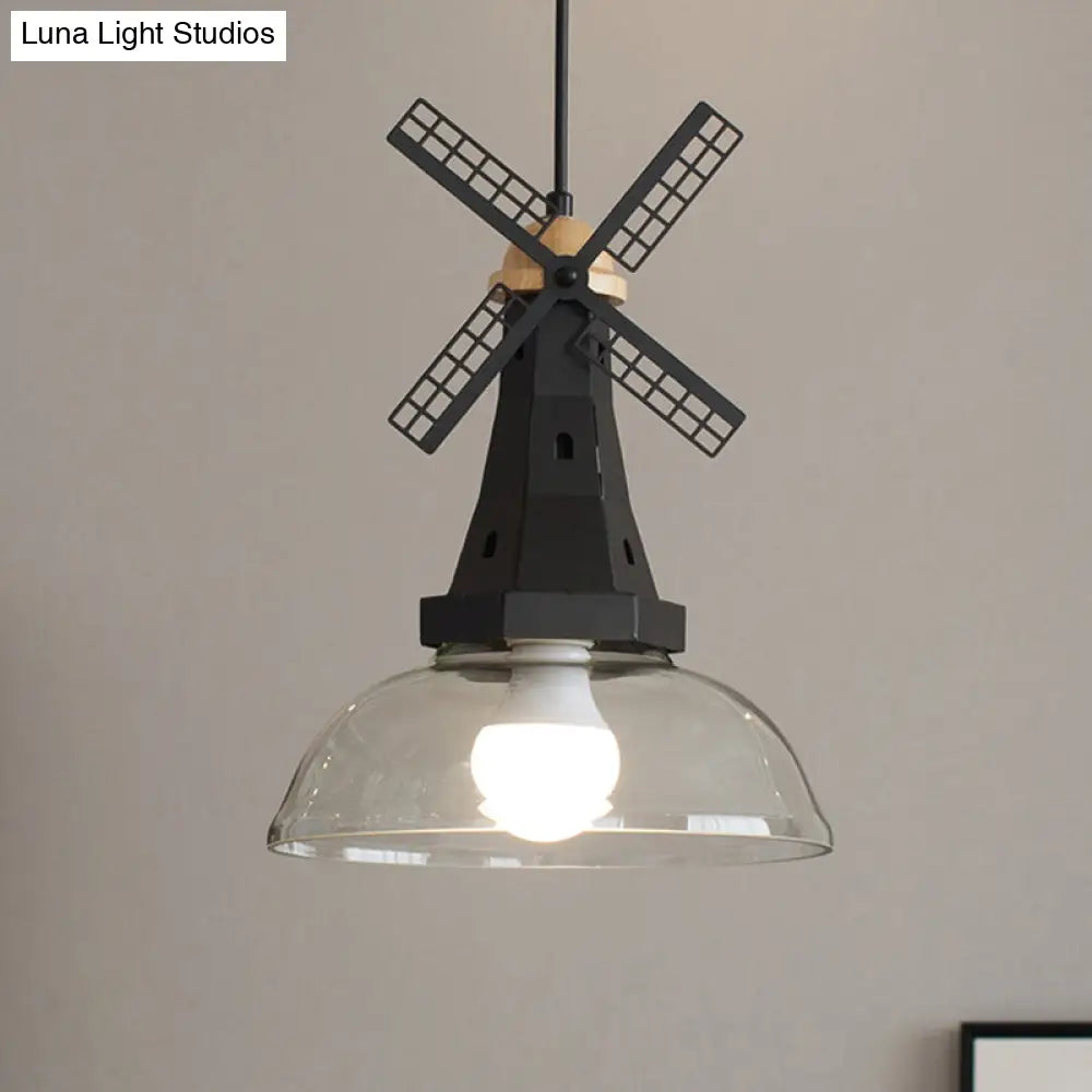 Designer Iron Hanging Lamp With Clear Glass Shade - Windmill Ceiling Lighting 1 Head White/Black