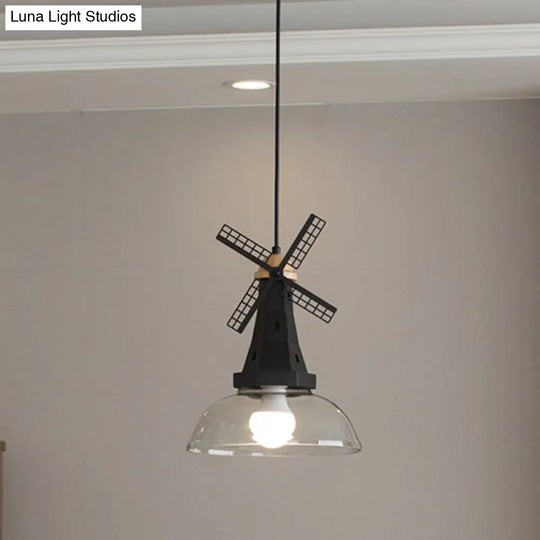 Designer Iron Hanging Lamp With Clear Glass Shade - Windmill Ceiling Lighting 1 Head White/Black