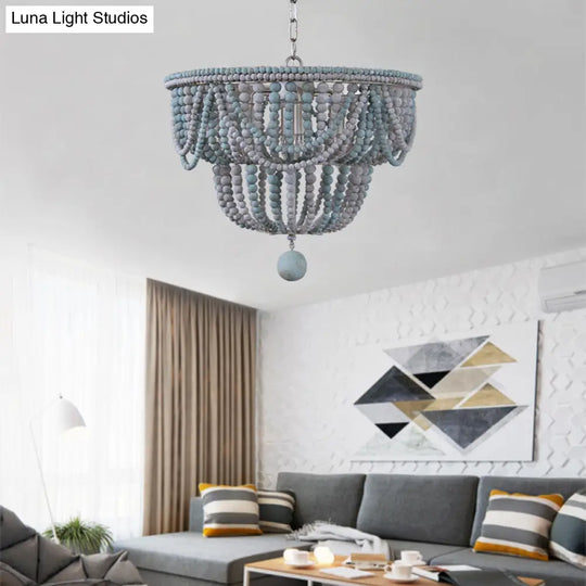 Modern Wood 2-Tier Chandelier With Blue And Gray Pendant Lighting - Perfect For Bedroom 4 Heads