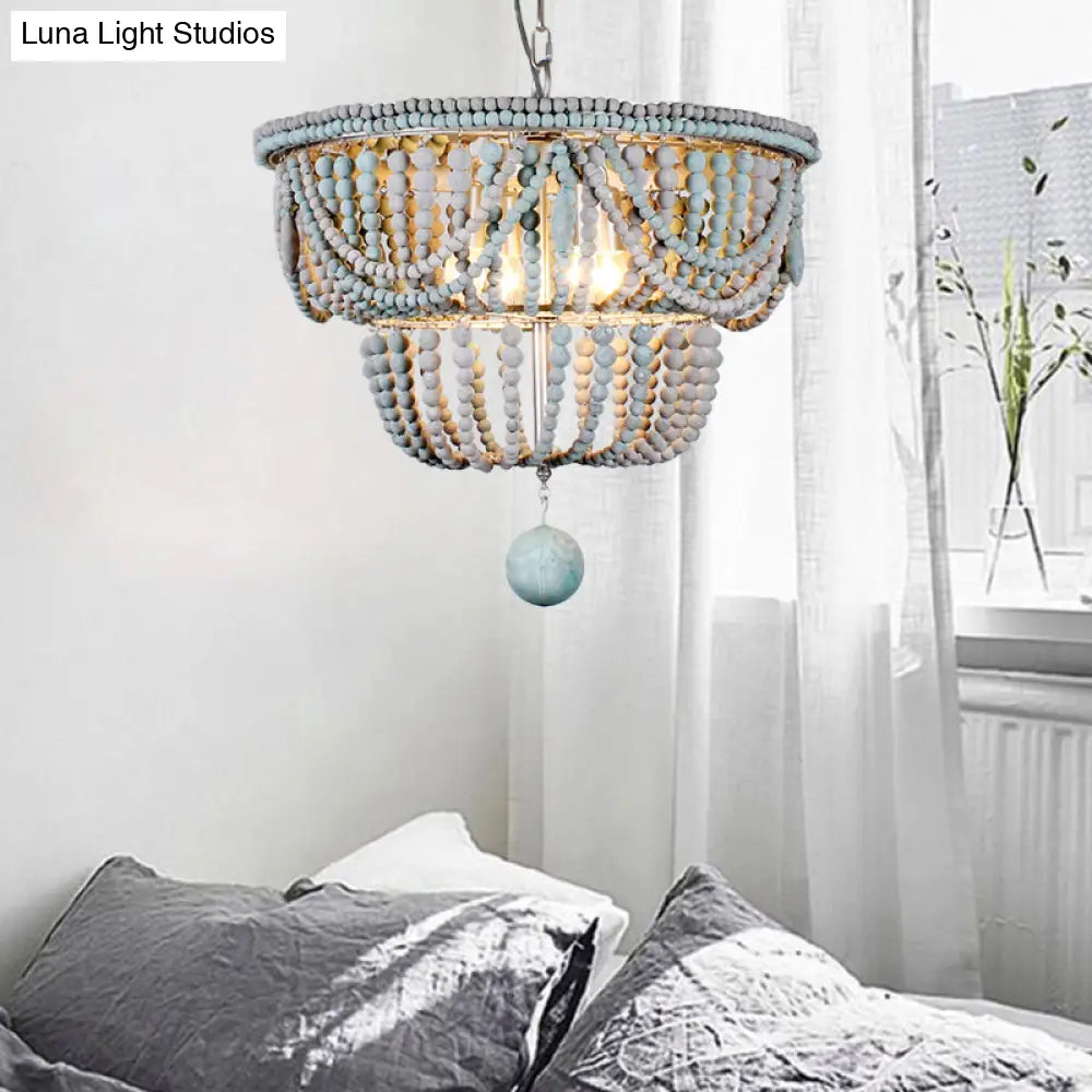 Modern Wood 2-Tier Chandelier With Blue And Gray Pendant Lighting - Perfect For Bedroom 4 Heads