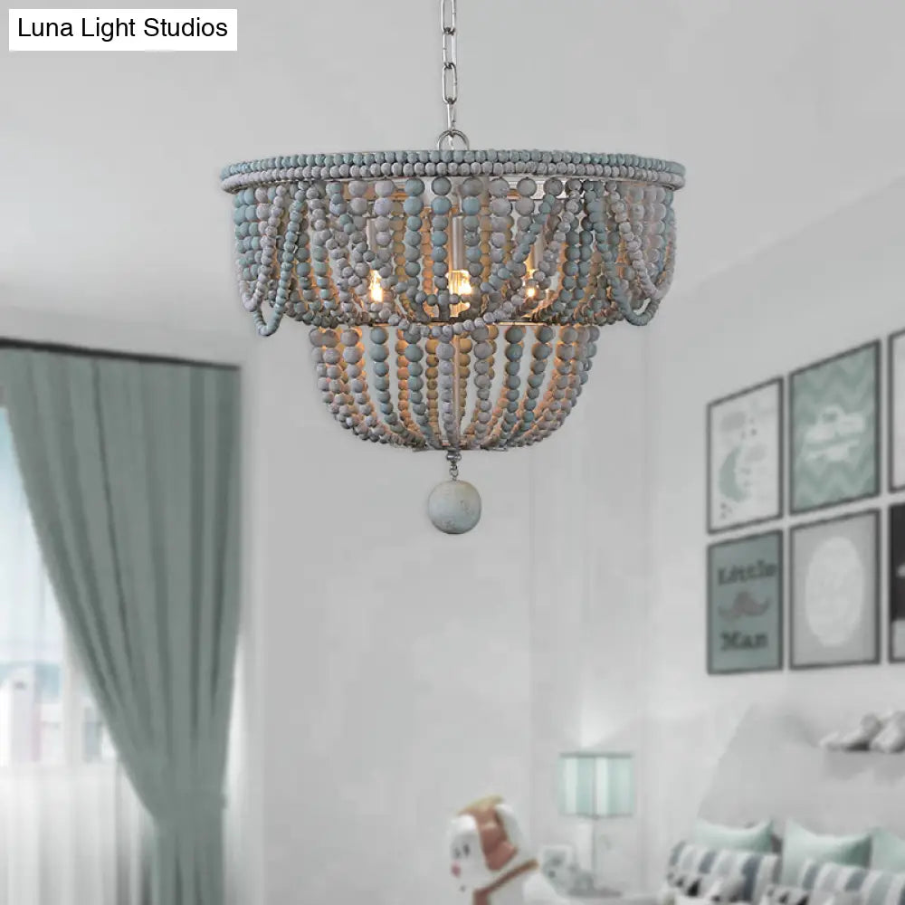 Modern Wood 2-Tier Chandelier With Blue And Gray Pendant Lighting - Perfect For Bedroom 4 Heads