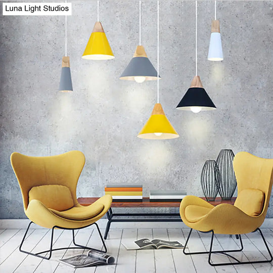 Modern Wood & Aluminum Coolie Pendant Light For Bedroom - Single Head In Black Grey Yellow White