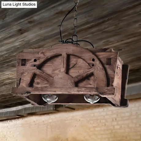 Modern Wood And Glass Pendant Chandelier With 2 Lights - Brown Rectangle Loft Style Fixture