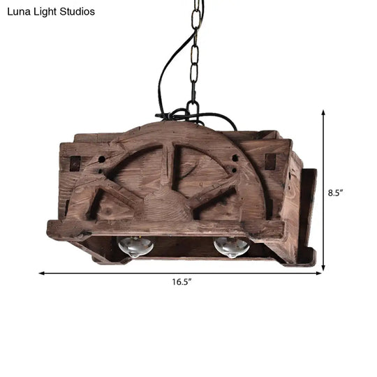 Modern Wood And Glass Pendant Chandelier With 2 Lights - Brown Rectangle Loft Style Fixture