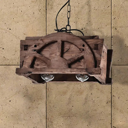 Modern Wood And Glass Pendant Chandelier With 2 Lights - Brown Rectangle Loft Style Fixture