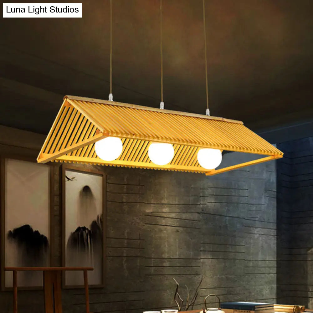 Modern Wood Bamboo Ceiling Light With Cream Glass Shade