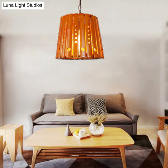 Modern Wood Barrel Pendant Light For Dining Room In Brown