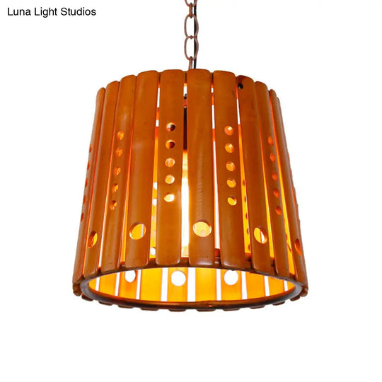 Modern Wood Barrel Pendant Light For Dining Room In Brown