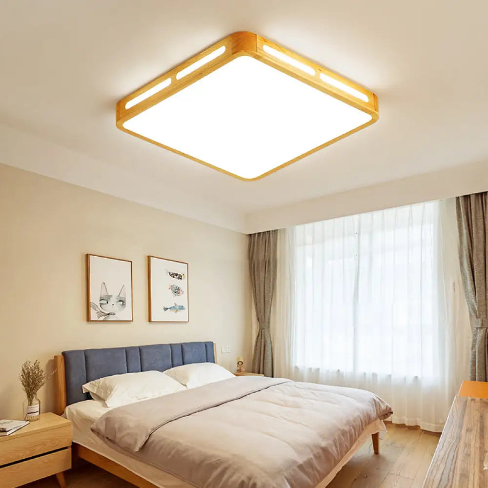 Modern Wood Beige Led Ceiling Light For Bedroom - Rectangle Flush Mount Lamp