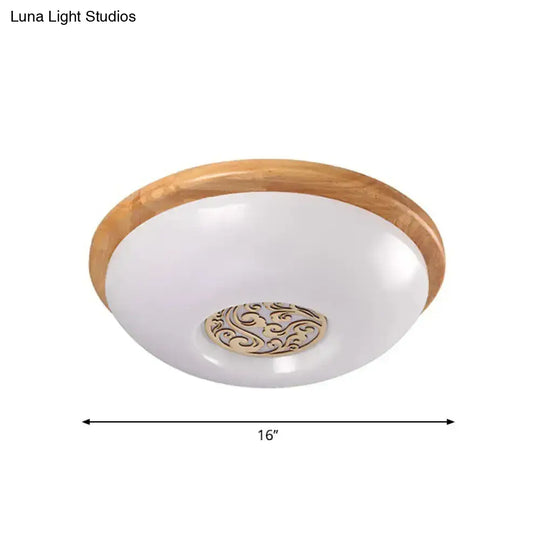 Modern Wood Bowl Ceiling Flush Mount Lighting | Led Acrylic Flushmount With Swirl Floral Carve