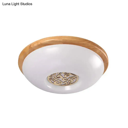 Modern Wood Bowl Ceiling Flush Mount Lighting | Led Acrylic Flushmount With Swirl Floral Carve