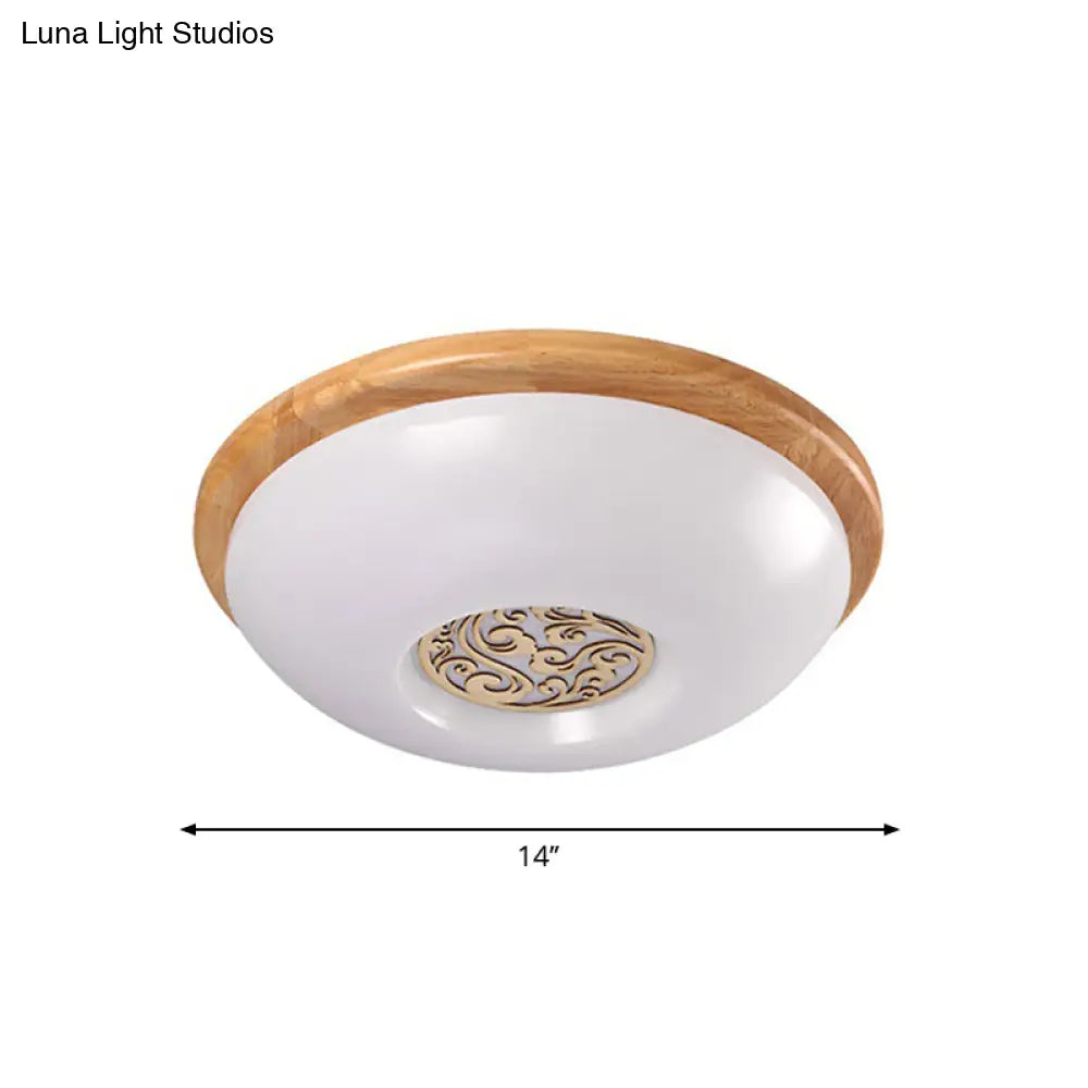 Modern Wood Bowl Ceiling Flush Mount Lighting | Led Acrylic Flushmount With Swirl Floral Carve
