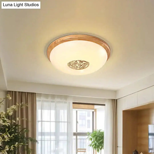 Modern Wood Bowl Ceiling Flush Mount Lighting | Led Acrylic Flushmount With Swirl Floral Carve