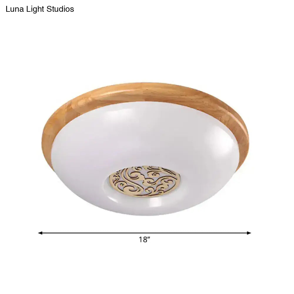 Modern Wood Bowl Ceiling Flush Mount Lighting | Led Acrylic Flushmount With Swirl Floral Carve