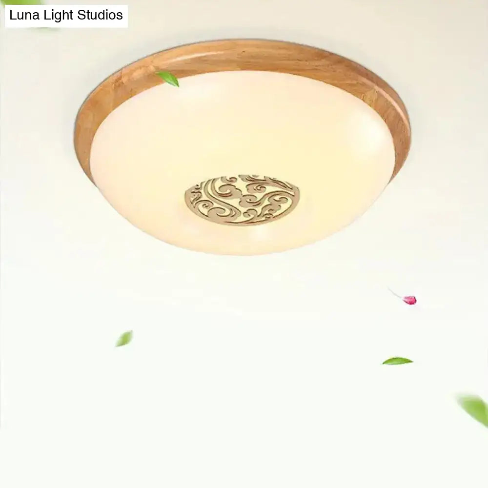 Modern Wood Bowl Ceiling Flush Mount Lighting | Led Acrylic Flushmount With Swirl Floral Carve