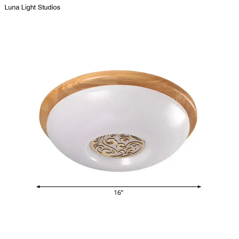 Modern Wood Bowl Ceiling Flush Mount Lighting | Led Acrylic Flushmount With Swirl Floral Carve